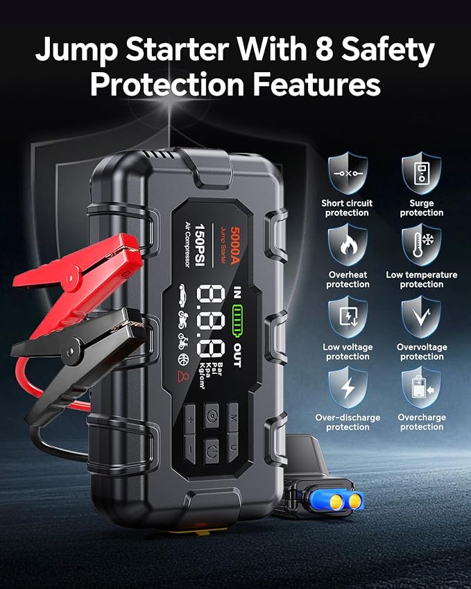 Jump Starter 5000A, Car Battery Jump Starter with Air Compressor for Up to 9.0L Gas and 8.0L Diesel Engine, 12V Jump