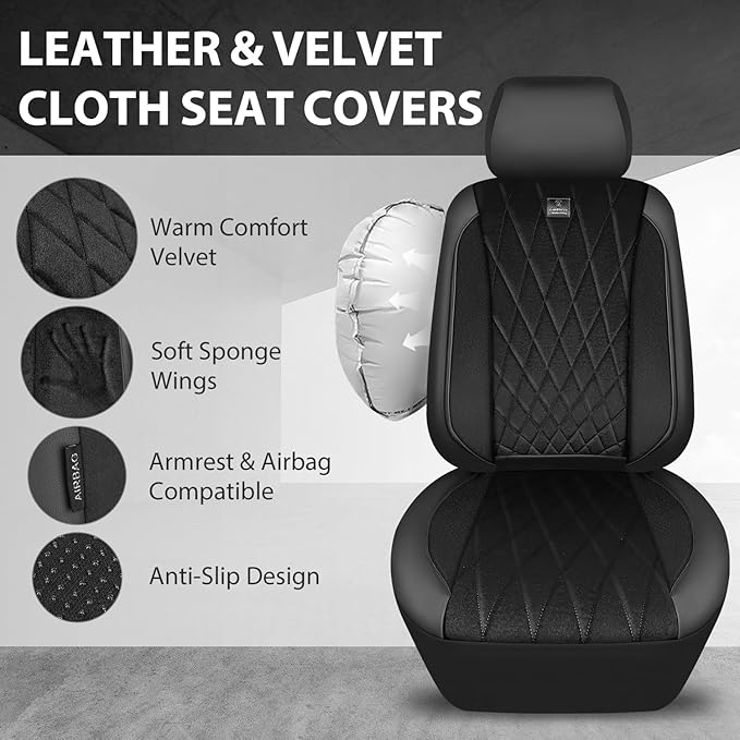 CAR PASS Luxury Faux Leather Car Seat Covers Front Seats, Breathable Soft Velvet Premium Automotive Seat Covers 2 Pack, Armre