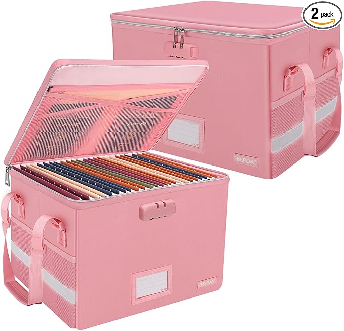 ENGPOW File Box with Lock, Fireproof Document Box with Pockets, Collapsible File Organizer Filing Storage Cabinet with Handle