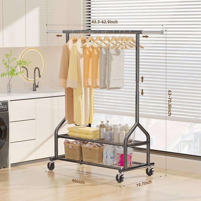 EAGMAK Heavy Duty Clothes Rack Load 556 LBS, Rolling Clothing Rack With Shelves, Height Adjustable Metal Clothes Hanger with 