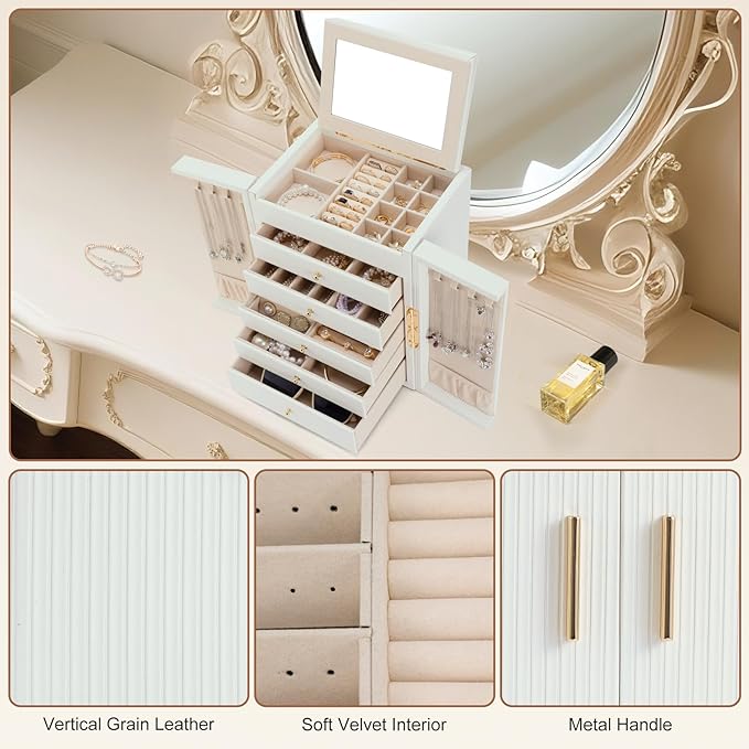 Dajasan Large Jewelry Organizer Box, Jewelry Boxes for Women Girls, 6-Tier Jewelry Storage Organizer with Mirror for Necklace
