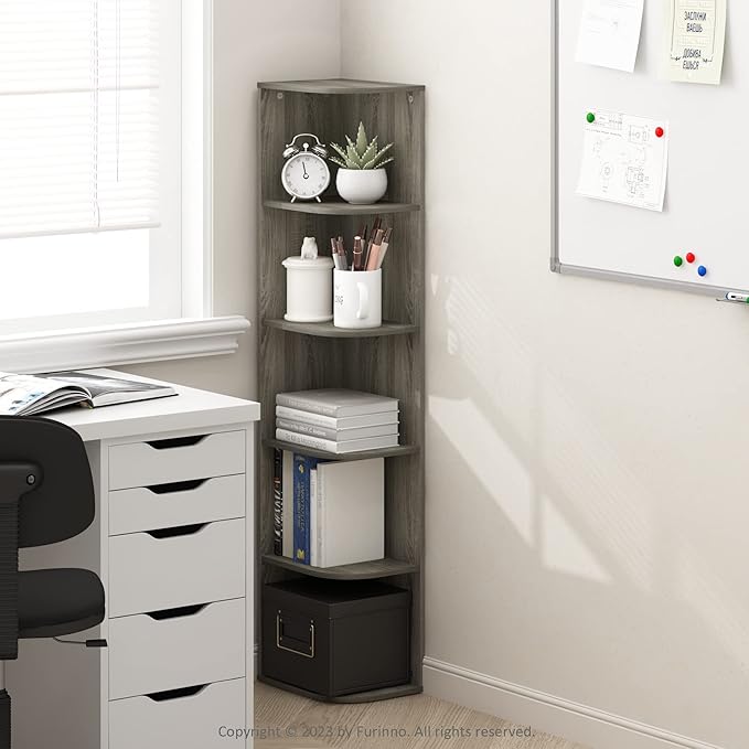 Furinno PASIR Book Shelf, 5-Tier Corner Bookshelf with Open Shelf, Standing Bookcase, 9.3 x 12 x 51.7, for Organization and S
