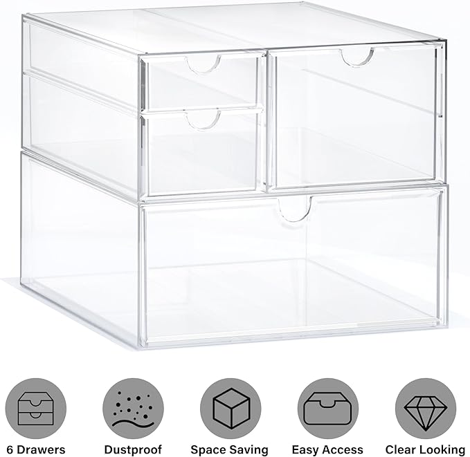 Prsildan Acrylic Drawer Makeup Organizer with 4 Drawers, Set of 2 Office Desk Organizers Accessories, Clear Stackable Storage
