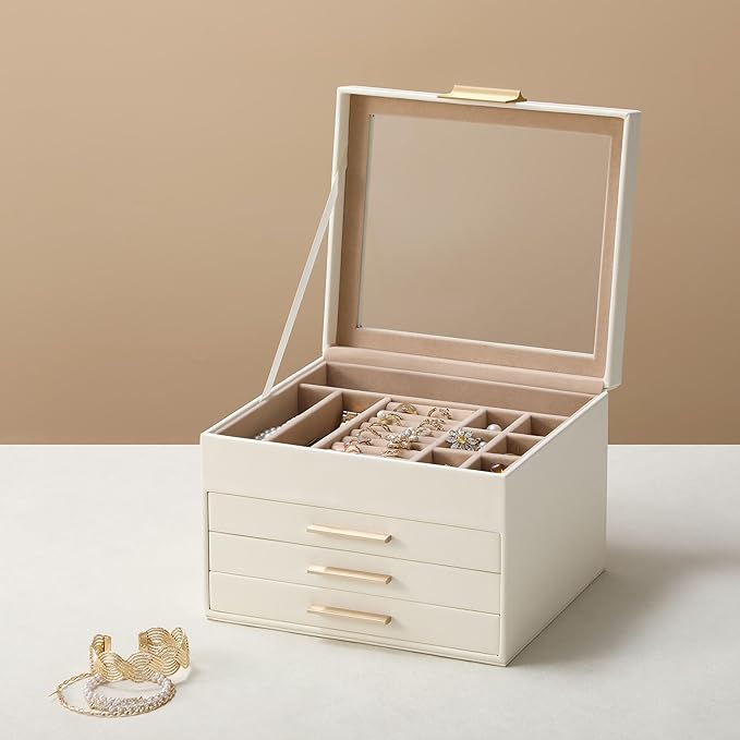 Somduy Jewelry Box Organizer for Women,4 Layers Jewelry Storage Display Box with Glass Lid,Gift for Christmas,3 Drawers,Large