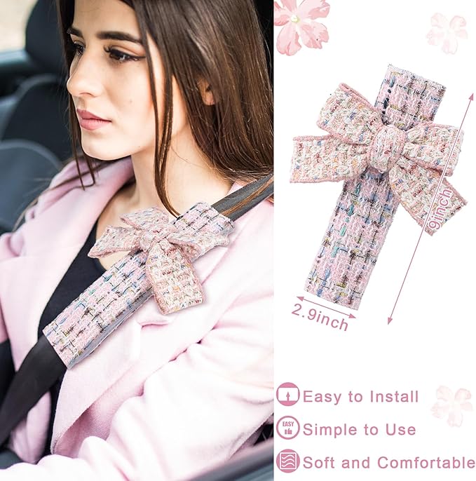 BBTO 42 Pcs Pink Bow Car Accessories Set for Women Pink Steering Wheel Cover Bow Hook Car Coaster Air Vent Clip Seat Belt Covers Diamond Rings Sticker Coquette Cute Gifts