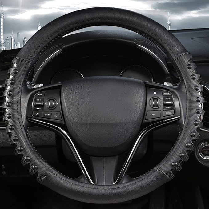 West Llama Microfiber Leather Car Steering Wheel Cover for Men Women,Universal Fit 14.5-15 inch(Leather Nails-Black-Standard 