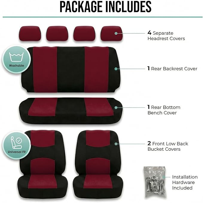 FH Group Bright Flat Cloth Full Set Car Seat Covers, Burgundy/Black- Fit Most Car, Truck, SUV, or Van