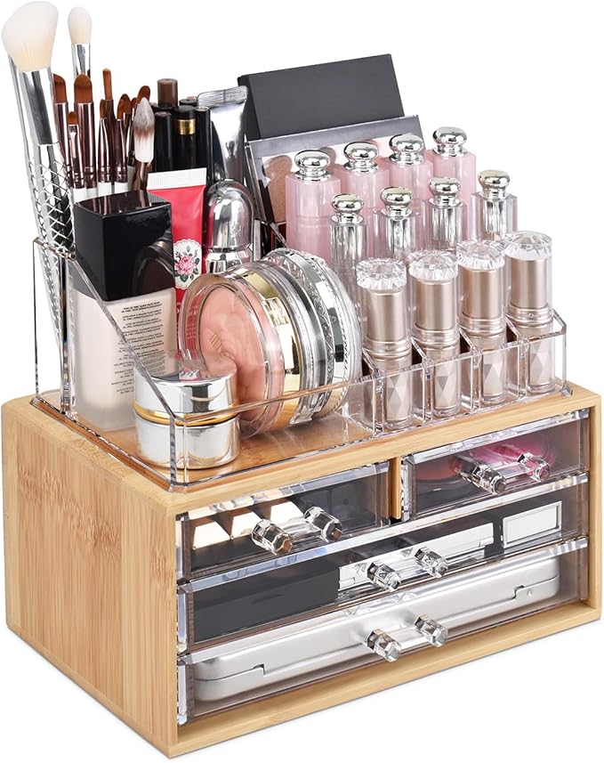 Ikee Design Bamboo Acrylic Makeup Organizer with 4 Drawers and Removable Top Lipstick Holders, Ideal for Make-up or Accessori