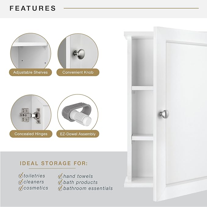 MCS 23x18 White Medicine Cabinet Organizer, Wall Mounted Bathroom Cabinet for Over-The-Toilet Storage, Bathroom Furniture & R