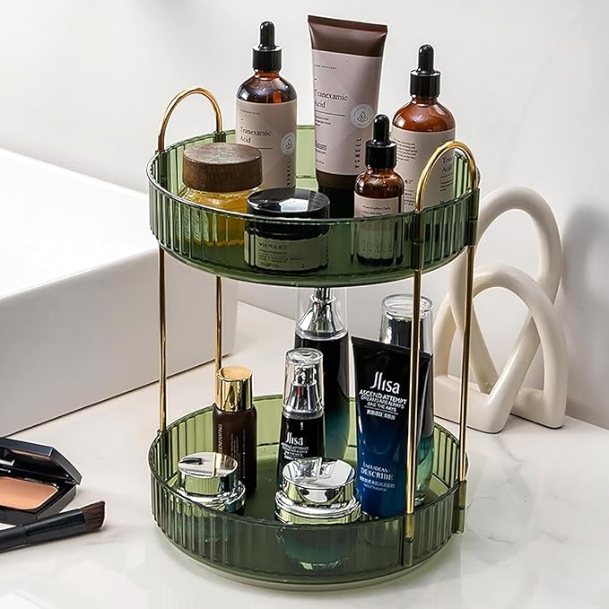 Rotating Makeup Organizer Countertop 2 Tier Lazy Susan Trays Clear Skincare Perfume Storage for Bathroom Counter Vanity, Gree