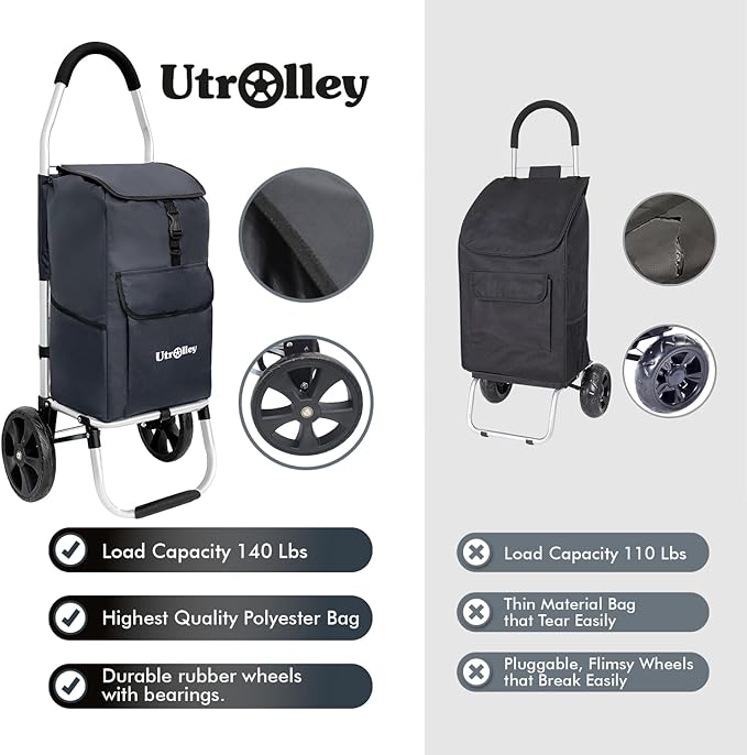 Ultra-Lightweight Black Foldable Shopping Cart for Groceries Large 42L Capacity Rubber Wheels, Removable Insulated Bag Liner, Durable Aluminum Frame, Multi-Function Personal Hand Truck