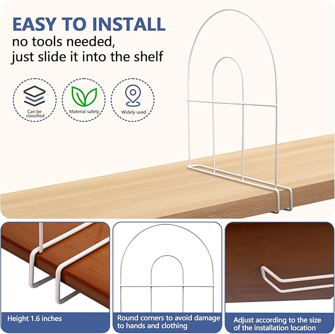 8-Pack 12" Tall Shelf Dividers - Closet Shelf Organizer - Easy to Install - No Tool - White PE Coating Steel