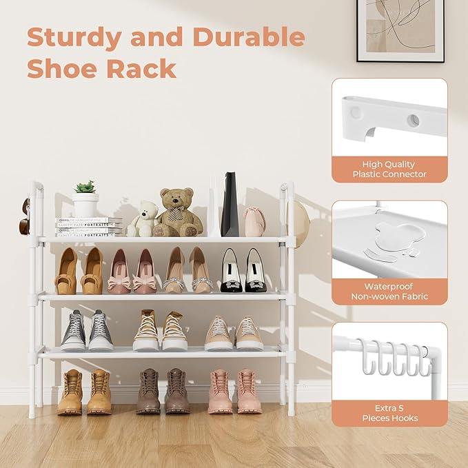 LANTEFUL 3 Tier Shoe Rack for Closet, Shoe Organizer with 5 Hooks, Long Shoe Shelf Storage for Shoe and Boot Stackable Free S