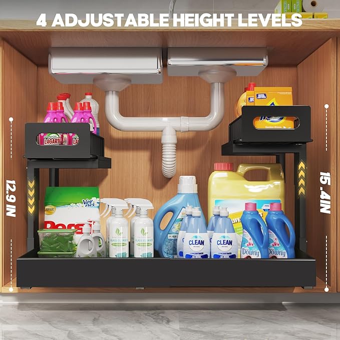 1 Pack Expandable Under Sink Organizers And Storage With Upgrade Ball-Bearing Slide Tracks,2-Tier Pull Out Under Cabinet Orga
