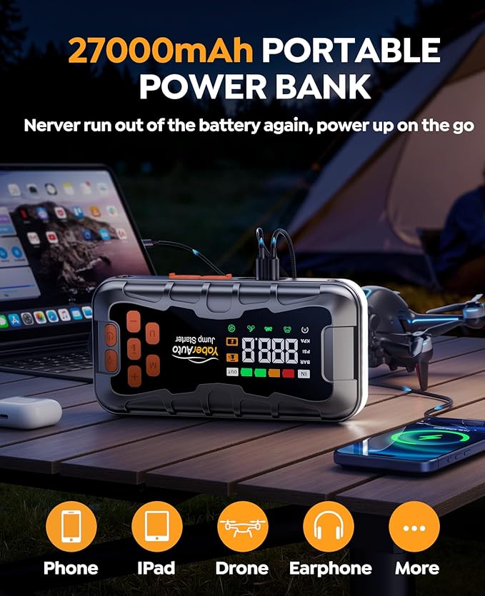 YaberAuto 16-in-1 Jump Starter with Air Compressor 8000A 160PSI Car Battery Jump Starter (All Gas/14L Diesel) 12V Jump Box