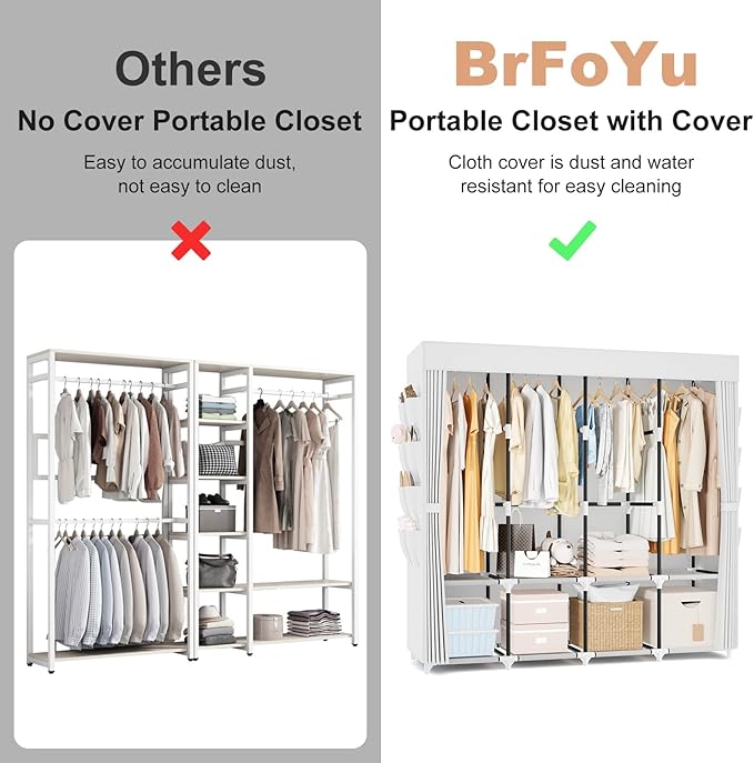 Portable Closet for Hanging Clothes, 67 Inch Wide Portable Wardrobe Closet with Cover, 4 Hanging Rod, Storage Shelves and Sid