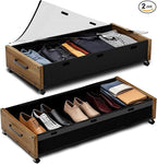 Under Bed Storage Containers with Wheels, Extra Large Wooden Underbed Shoes Organizer 2 Packs, Rolling Under the Bed Storage 