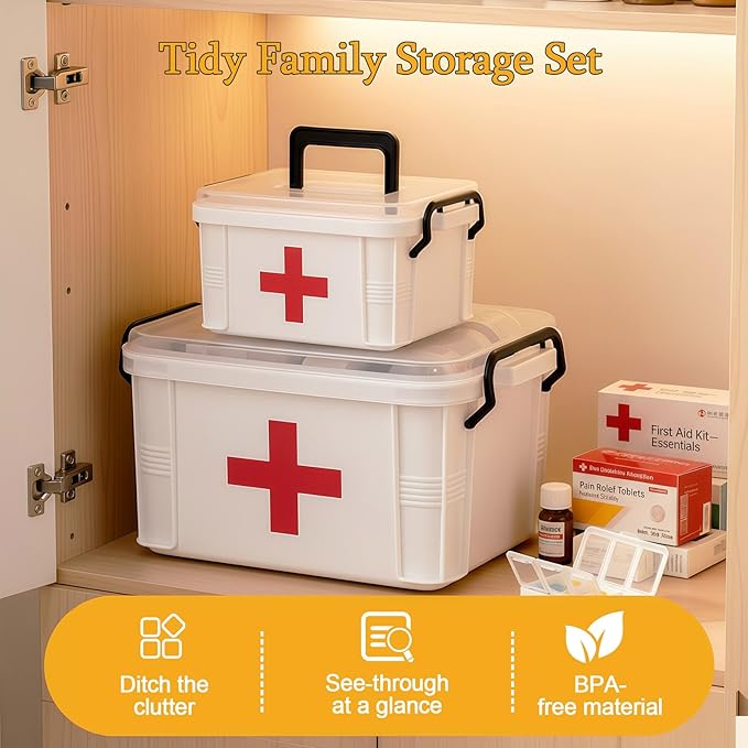 2 Pack Clear Medicine Organizer Box with Handle, Plastic Medicine Container with Tray First Aid Box Empty, Thickened Medicine