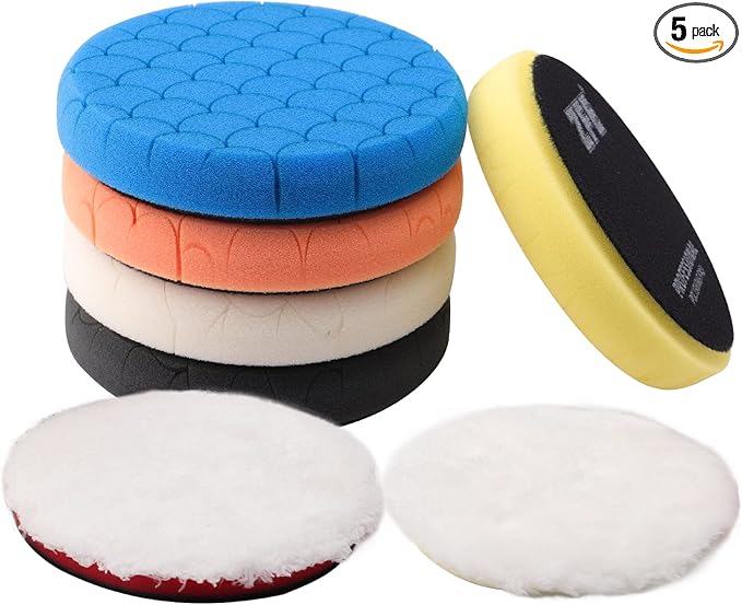 Buffing Polishing Pads, 7Pc 5.5 Inch Face for 5Inch 125mm Backing Plate Compound Buffing Sponge Pads Cutting Polishing Pad Kit for Car Buffer Polisher Compounding, Polishing and Waxing -PPTYS5SET