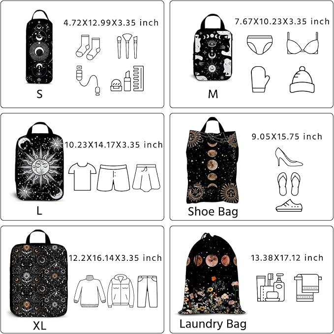 6 Pcs Compression Packing Cubes Waterproof Suitcase Travel Bag Luggage Backpack Organizer Travel Cubes for Packing-Gothic Sty