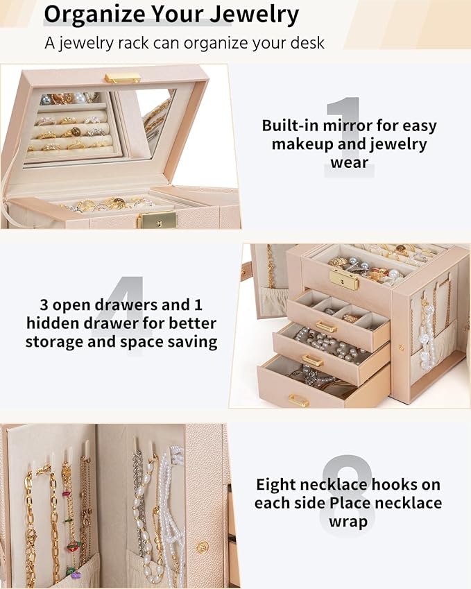 AKOZLIN 4-Tier Jewelry Box Leather Jewelry Storage Organizer with 3 Drawers Lockable for Women Girls Ring Necklace Earring Br
