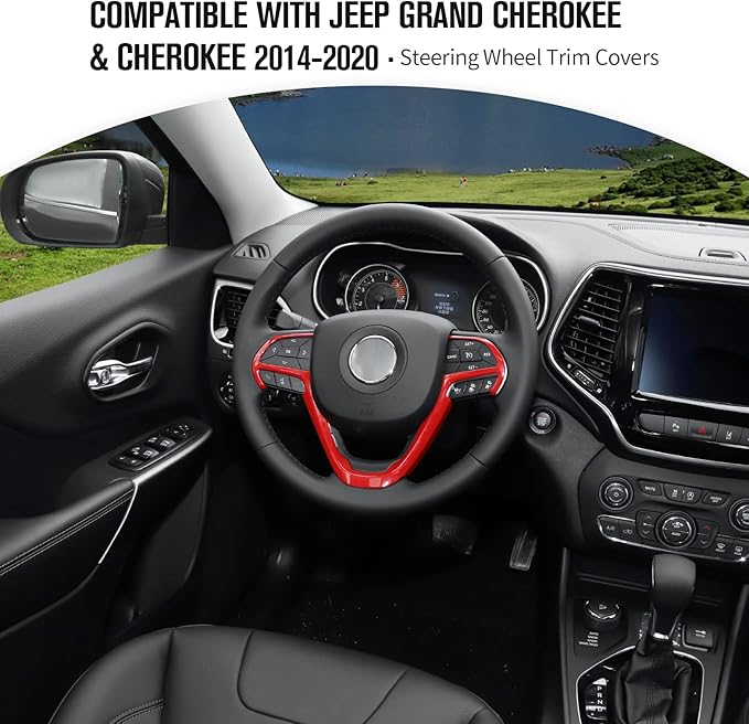 JeCar Steering Wheel Trim Cover Interior Decoration Trim Kit for 2014-2020 Jeep Grand Cherokee & Jeep Cherokee, Red