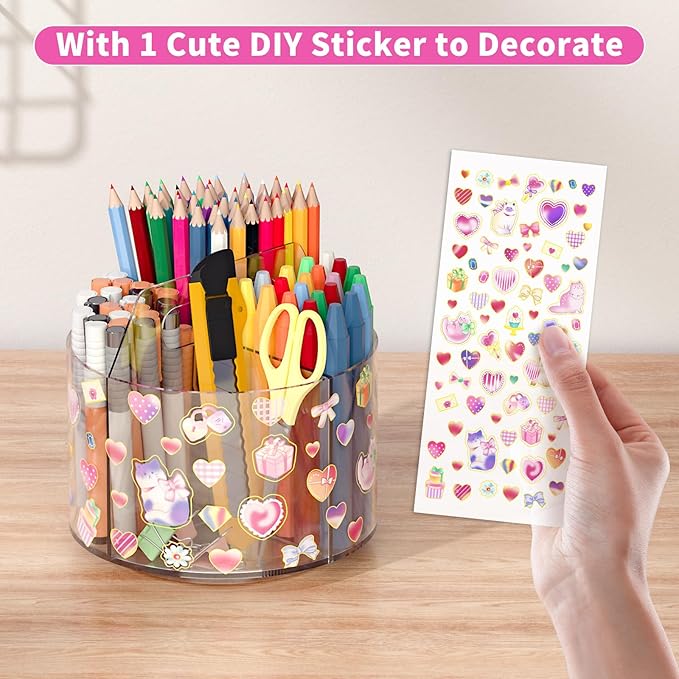 Wawocs Acrylic Pencil Organizer for Desk 4 Compartments with Adhesive DIY Sticker, Rotating Art Supply Organizer with Kawaii 