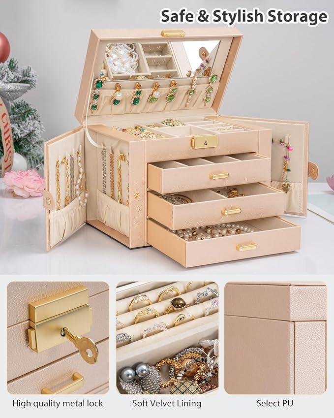 AKOZLIN Large 4-Tier Jewelry Box Leather Jewelry Storage Organizer with 3 Drawers Lockable for Women Girls Ring Necklace Earr