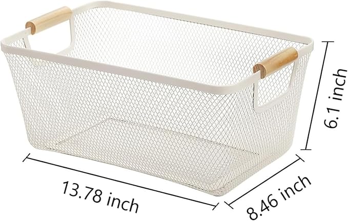 AJIODA Metal Mesh Steel Basket, Large Wire Storage Organizer Basket Multi-function Hanging Kitchen Baskets with Wood Handle f