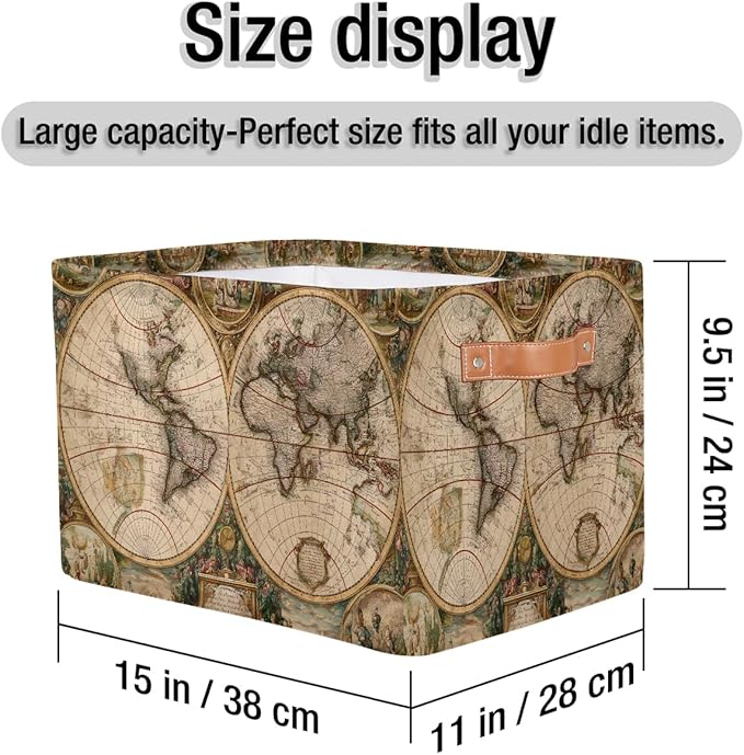 Globe Travel World Map Storage Basket Collapsible Cloth Storage Cube Basket Bins Organizer with Handles Rectangular Large Toy
