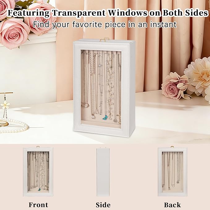 Necklace Organizer Box - 2-Layer Double-Sided Clear Lid Jewelry Storage Case, Anti-Tangle Necklaces Display Holder for Pendan