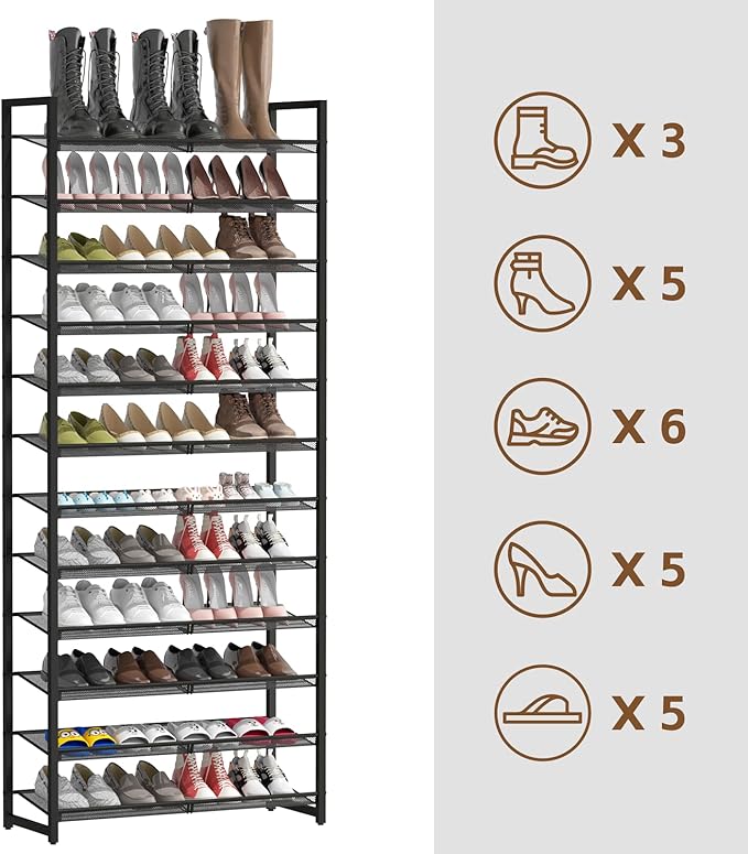 Shoe Rack, 12-Tier Metal Shoe Organizer, Tall Shoe Rack for Closet,entryway,Garage, with Adjustable Flat or Angled Shelves, 5