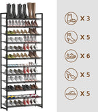 Shoe Rack, 12-Tier Metal Shoe Organizer, Tall Shoe Rack for Closet,entryway,Garage, with Adjustable Flat or Angled Shelves, 5