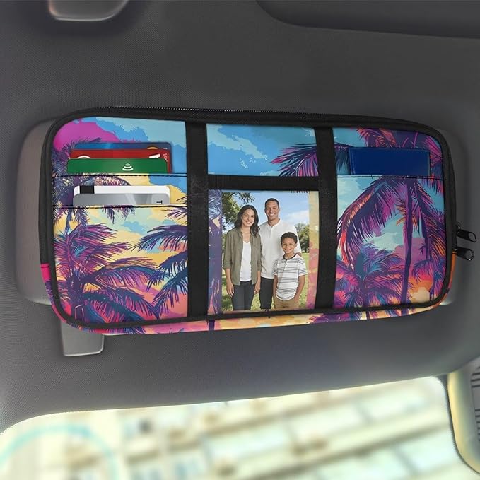 Coconut Tree Tactical Sun Visor Organizer,Scratch-Resistant Auto Sunshade Organizer Bag with Double Zippers Truck SUV Storage Pouch Holder
