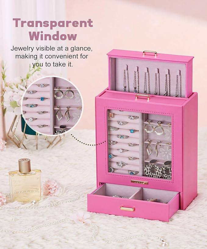 Homde Jewelry Organizer Girls Women Jewelry Box for Necklaces Rings Earrings Gift Bracelets Storage Case(Pink + Gold)