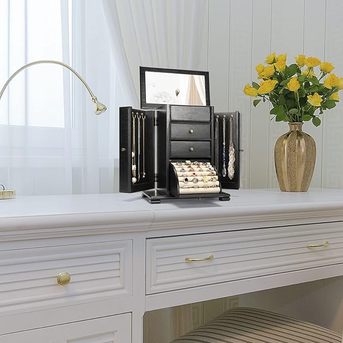 Emfogo Jewelry Box for Women, Rustic Wooden Jewelry Boxes & Organizers with Mirror, 4 Layer Jewelry Organizer Box Display for