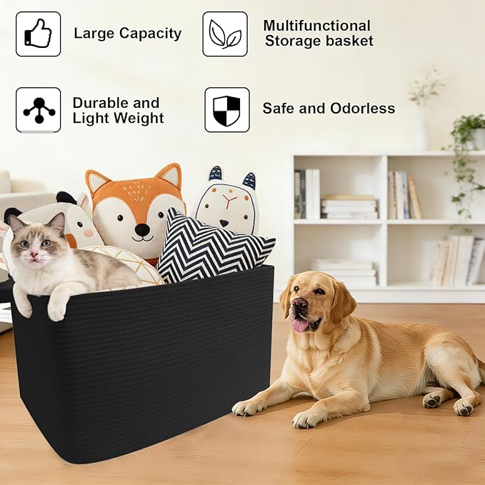65L Large Blanket Basket,21"x16"x12" Rectangle Storage Bin with Handles,Woven Rope Laundry Basket for Toys, Clothes,Pillows,M