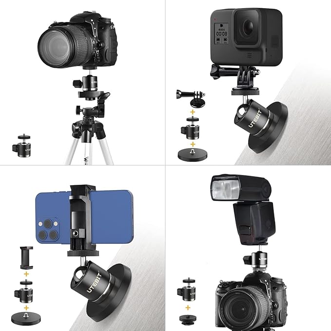 UTEBIT Magnetic Camera Mount for Action Camera, 66lb Strong Magnetic Mount with 360° Rotation Ball Head for Car or Magnetic Surfaces, Compatible with Gopro Hero 13, DJI Osmo Action Osmo Nano, Insta360