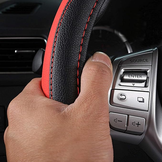 D Shape Car Steering Wheel Cover, Universal 15 inch Stitching Color Anti-Slip Steering Wheel Protector, Black and Red Sports 