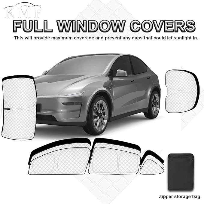 KMF 8pcs Full Thicken Sun Shades for 2025 2026 Tesla Model Y Juniper Accessories, Tesla Y Privacy Car Window Covers for Windshield Side Rear, UV Block and Blackout for Camping Outdoor