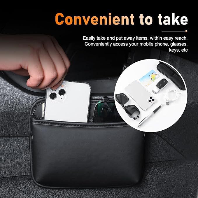 2 PCS Car Seat Side Pocket Organizer, PU Leather Mini Storage Pocket for Car Seats, Doors, Consoles, Dashboard, Vehicle Gap Filler Organizer for Phone, Keys, Sunglass, Wallet (Black)