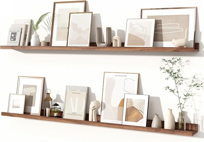 Fun Memories Picture Ledge Shelves Set of 2, 55 Inch Rustic Wall Mounted Floating Shelves with Lip for Home Storage and Décor
