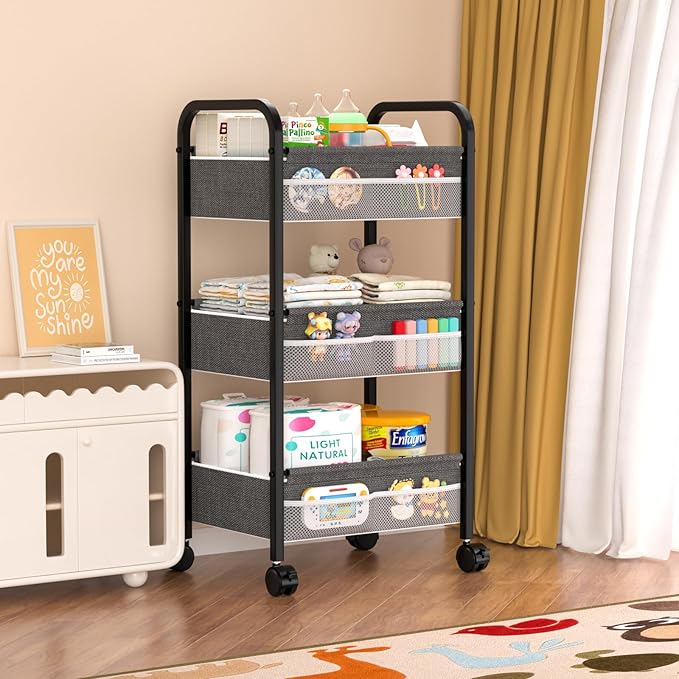 Baby Diaper Caddy Rolling Utility Cart, 3 Tier Baby Essentials Nursery Organizer and Storage with Dividers and Drawers for Cr