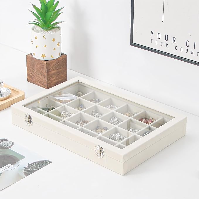 Coward Jewelry Organizer Box, Beige Velvet 24 Grids Ring Earring Jewelry Display Tray Case with Transparent Glass Lid for Hom