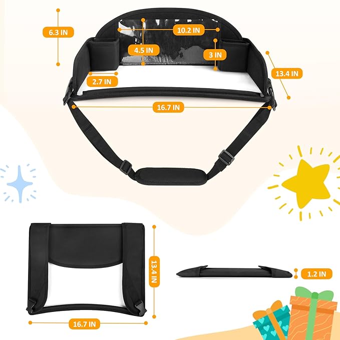 Kids Travel Tray for Toddler Carseat, Road Trip Activities Essentials for Toddler, Kids Lap Desk Tray with Tablet Holder Stand ＆ Dry Erase Board (Black)