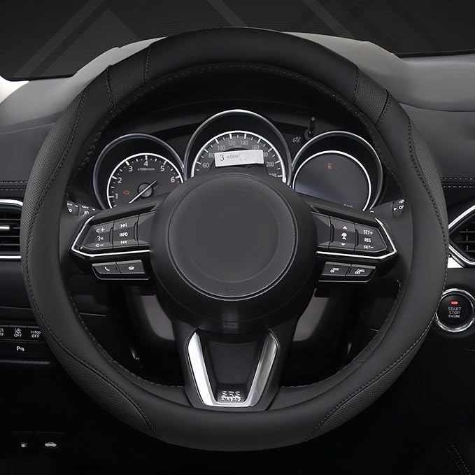 West Llama Car Steering Wheel Cover for Mazda 3,5,6,CX-3,CX-5,CX-30,CX-50,CX9,CX-9,MX-5 Miata,CX-7,RX-8,14.5-15 inches(Black-