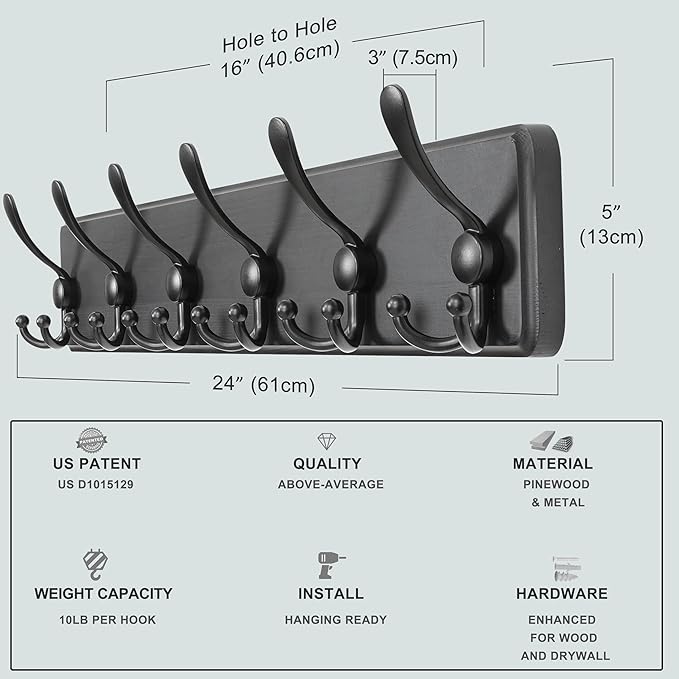 Dseap Coat Rack Wall Mounted - 24" Long 6 Tri Hooks, Heavy Duty Wooden Wall Coat Hanger Coat Hook for Clothes Hat Jacket Clot