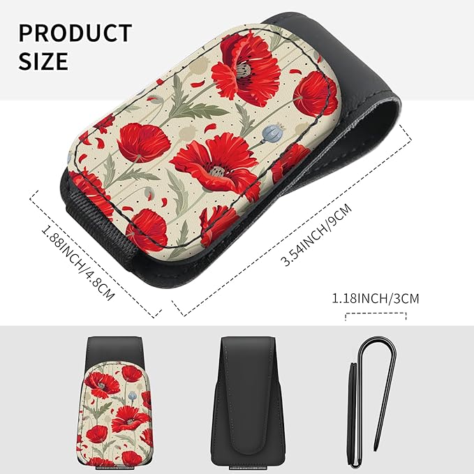 Sunglasses Holder for Car Visor, PU Leather Glasses Clip Organizer, Cute Magnetic Eyeglass Holder for Vehicle Sun Visor, Car Interior Accessory for Women & Men Red Poppy Flowers