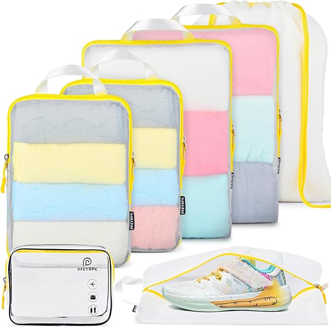 PFEYRPK Lightweight Compression Packing Cubes for Suitcases, Compressible Expandable Travel Packing Organizer with Clear Toil