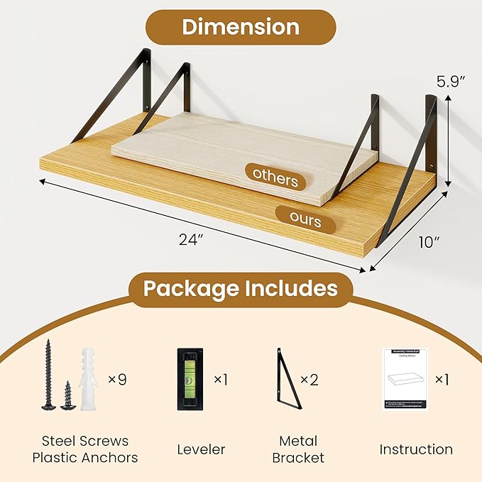 Deep Floating Shelves,24" Wx10 D Floating Shelf for Wall Set of 2,Hanging Storage Shelf with Metal Brackets,Wide Display Wall